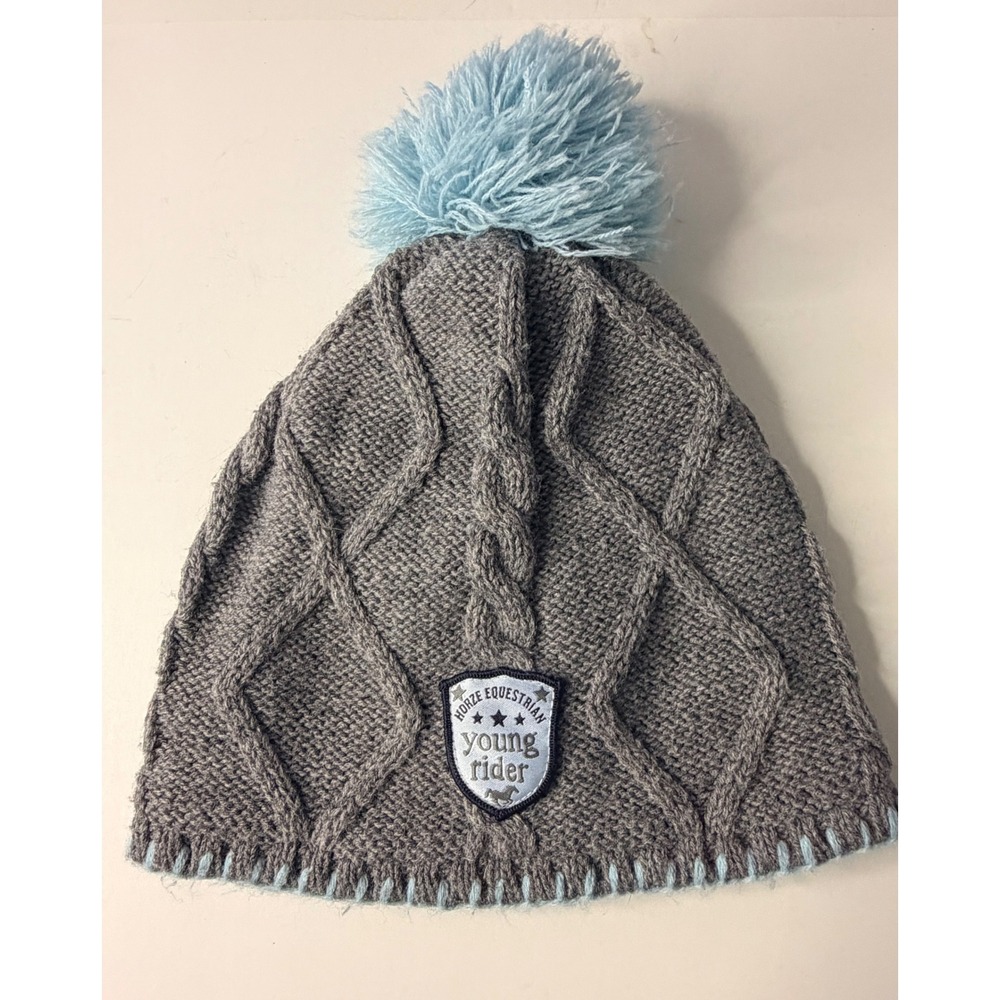 Horze Equestrian Young Rider Grey Cable Knit Fleece Lined Beanie Pom Pom Hat